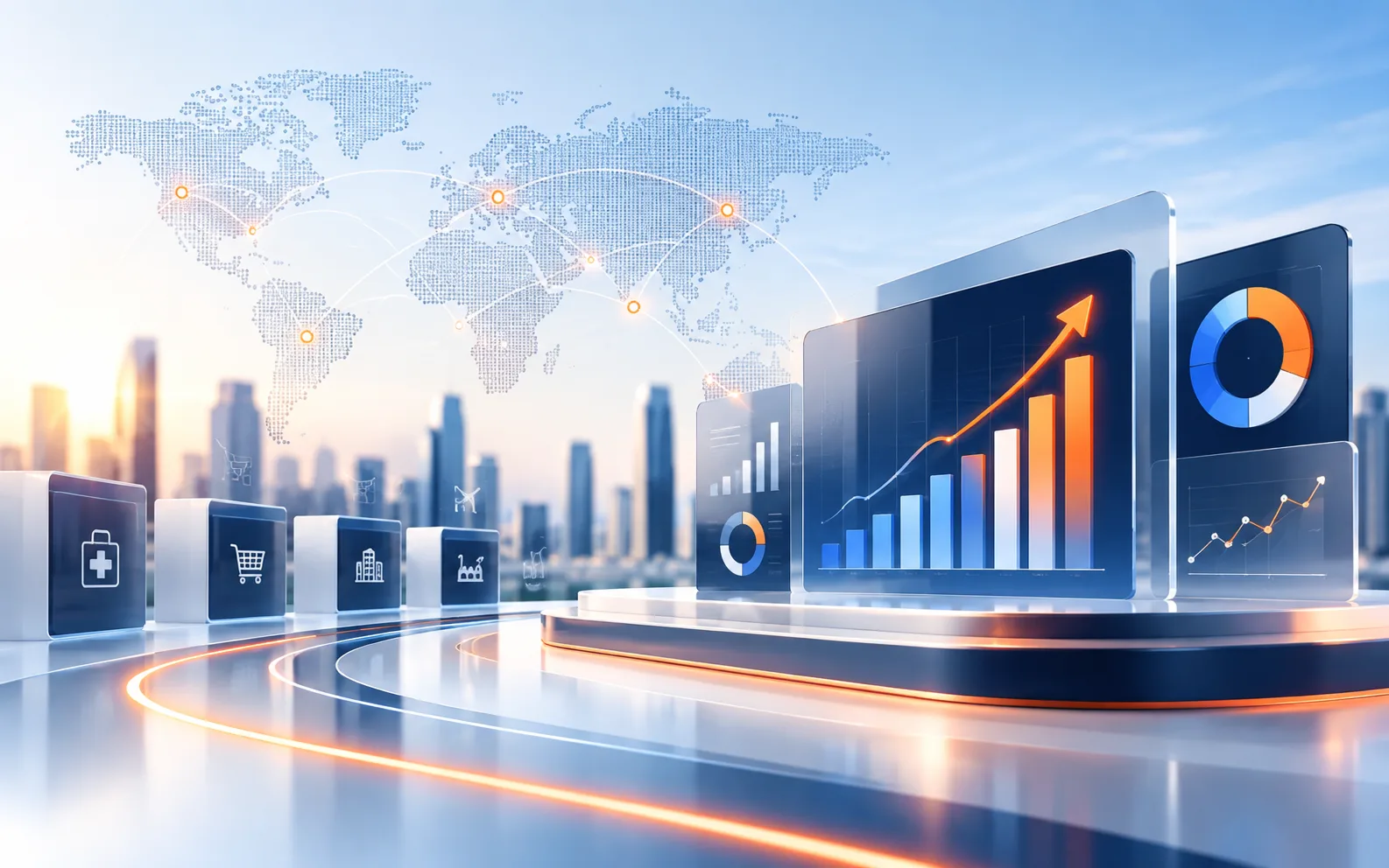 Global digital growth analytics dashboard with world map and performance charts