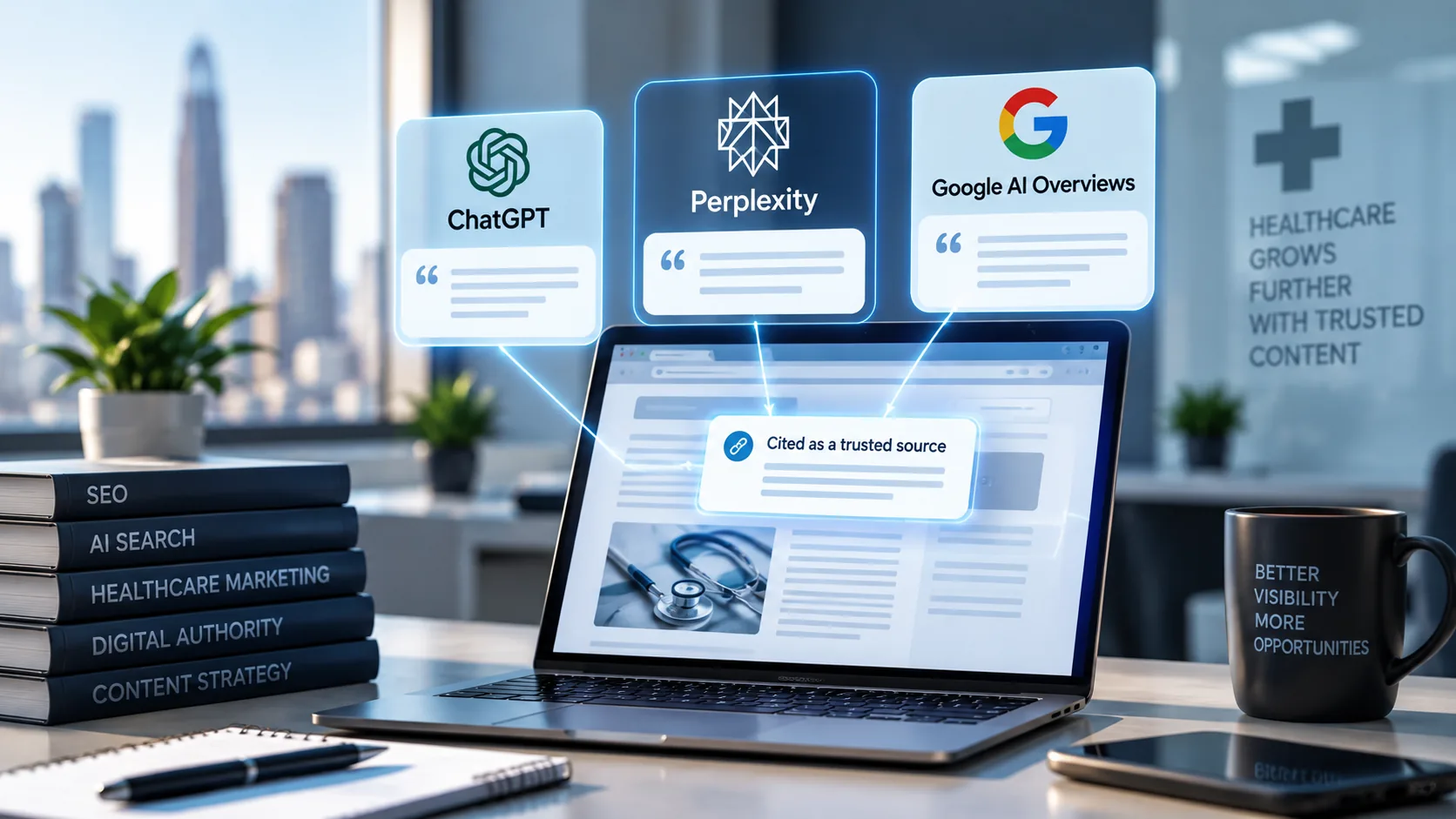 Laptop with ChatGPT, Perplexity and Google AI Overviews cards linking to a page marked cited as a trusted source