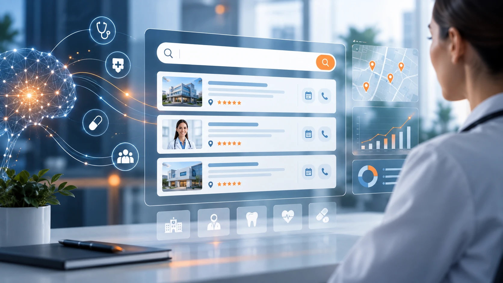 AI-powered healthcare search interface showing clinic and provider listings with ratings, alongside connected health data and analytics panels