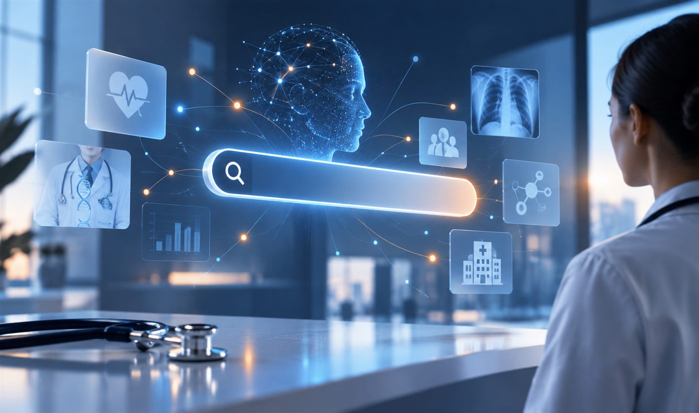AI-powered search interface with a digital head made of network nodes surrounded by medical and data icons