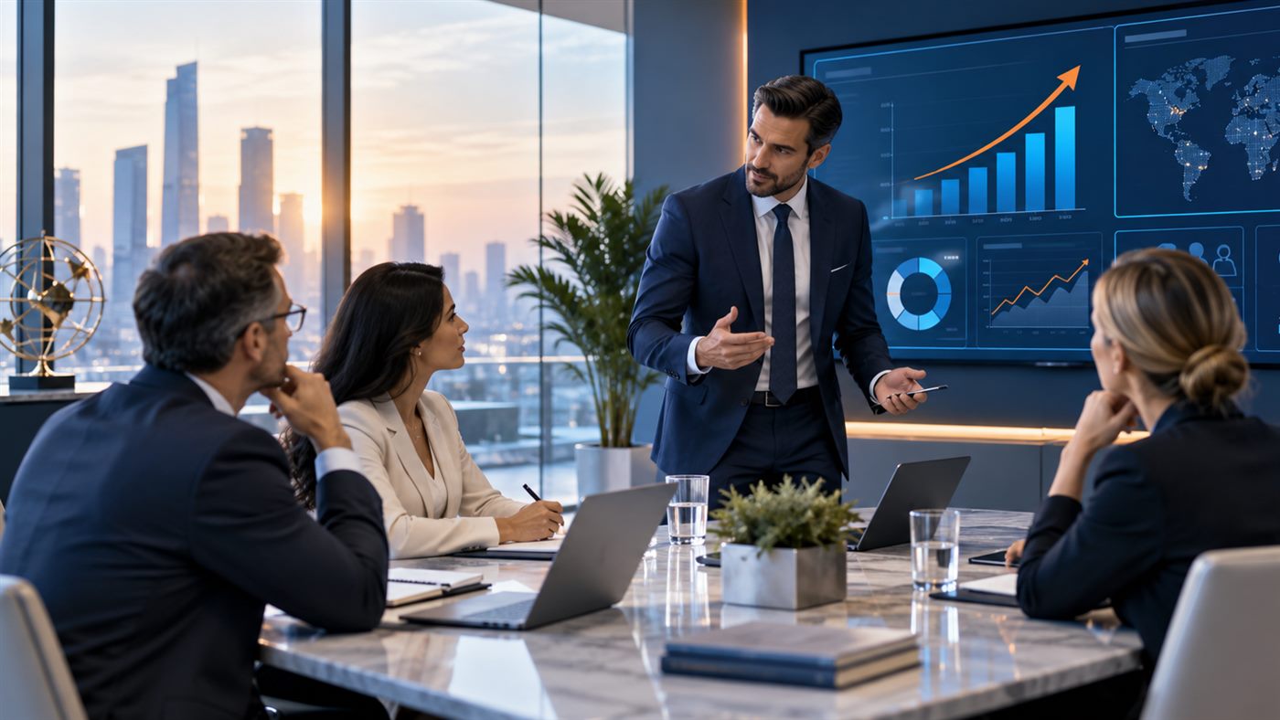 Executive presenting growth charts and analytics dashboards to colleagues in a glass-walled boardroom