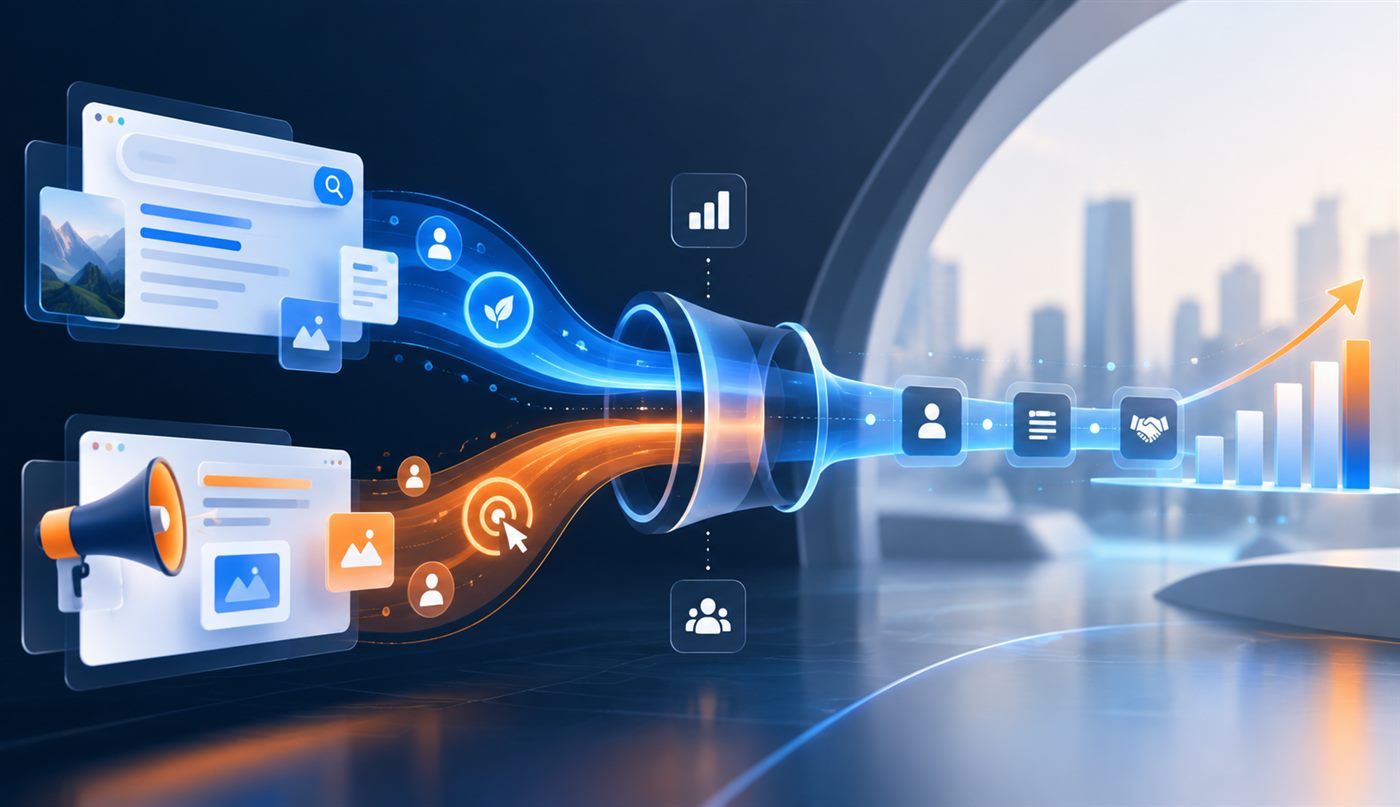 Blue SEO search stream and orange PPC advertising stream converging into a single pipeline that drives business growth