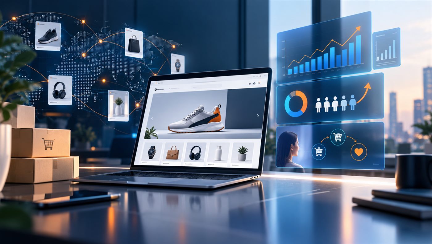 Online store on a laptop screen next to shipping boxes, with conversion funnel and audience analytics displayed alongside