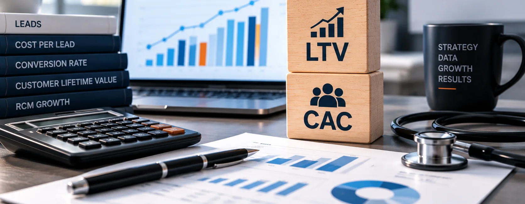Wooden LTV and CAC blocks beside a calculator, chart paper and stethoscope on a healthcare marketing desk
