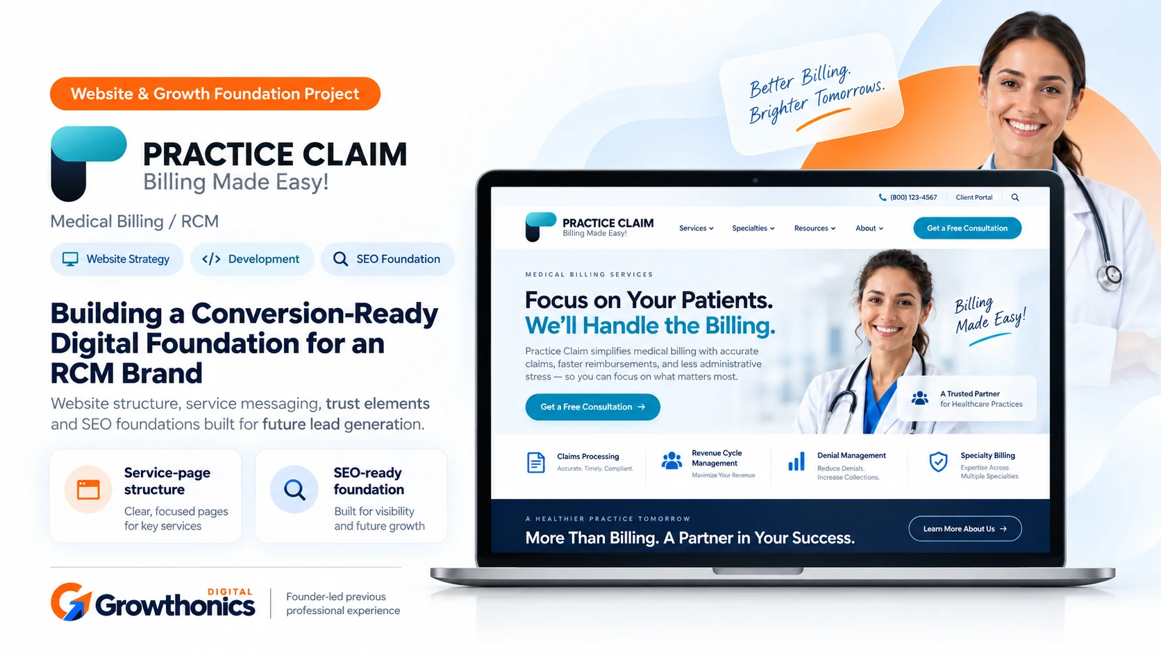 Practice Claim website growth foundation case study showing website strategy, development and SEO foundation for a medical billing brand