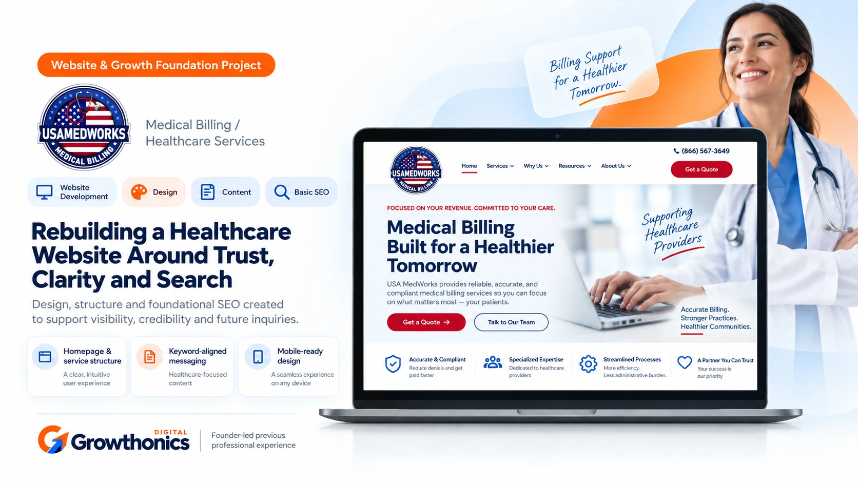 USA MedWorks healthcare website case study showing website development, design, content structure and basic SEO foundation