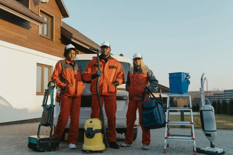 Janitorial crew in coveralls and helmets preparing equipment for a commercial job