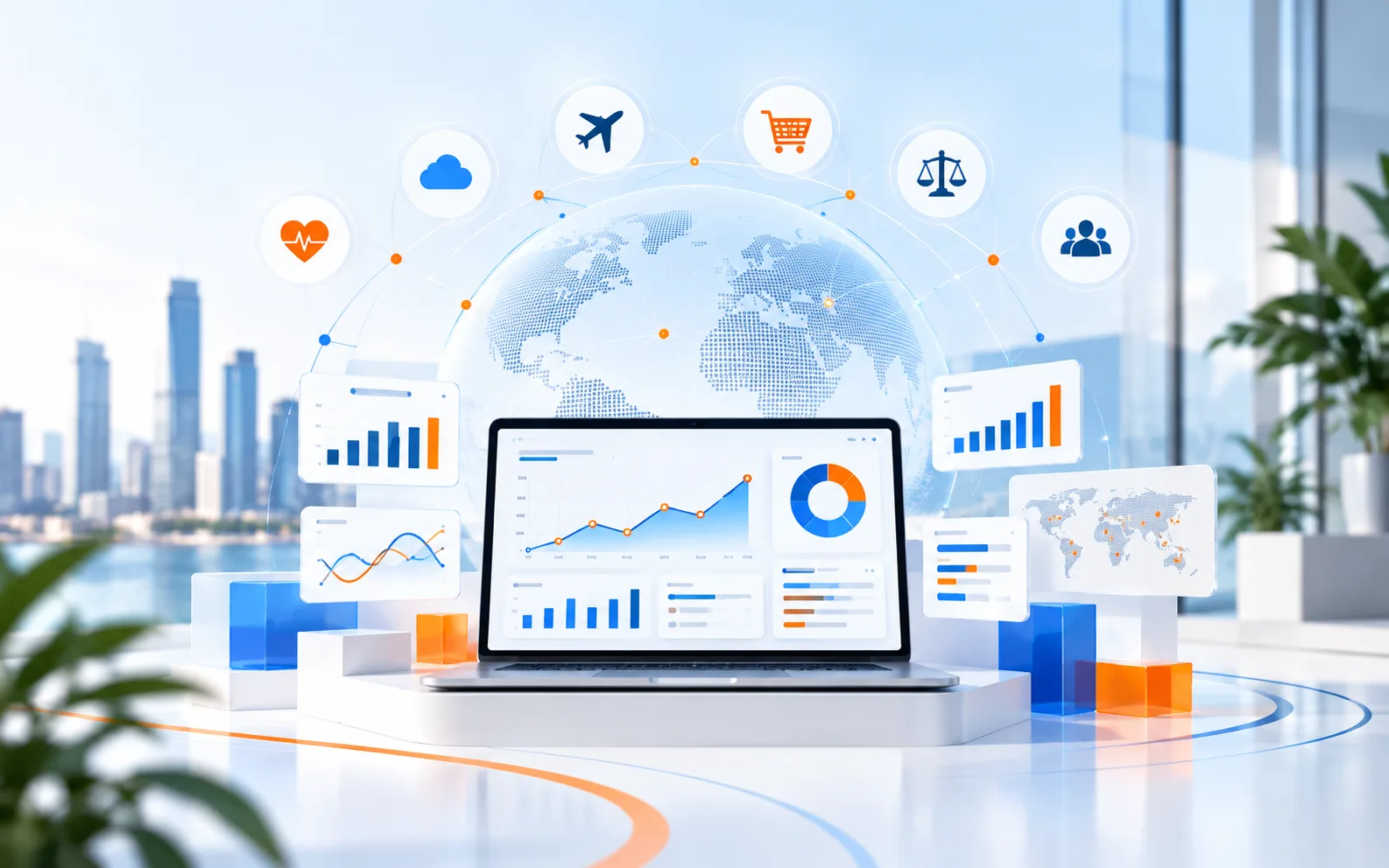 Laptop with growth dashboards surrounded by healthcare, cloud, ecommerce and B2B industry icons connected around a digital globe
