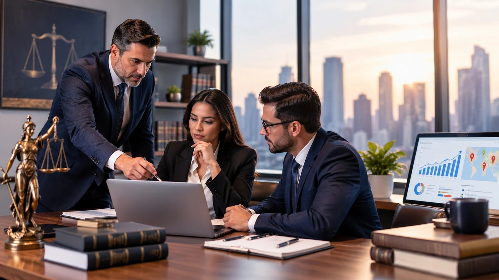 Attorney pointing at a laptop while two colleagues review it, with a justice statue, bookshelf and city skyline in a law office